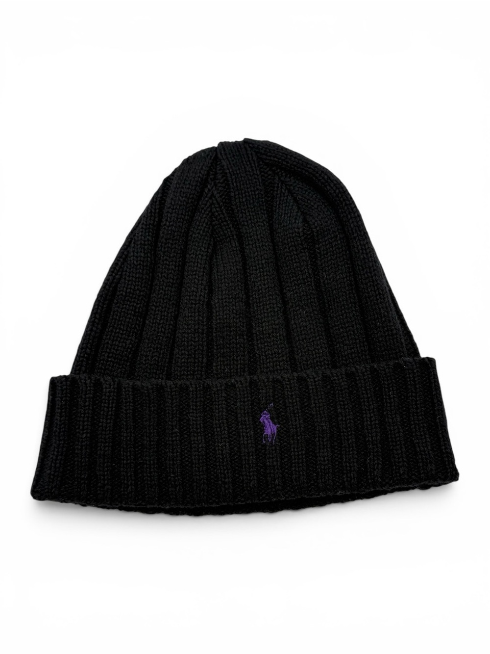 Polo Ralph Lauren Black Purple Pony Wool Blend Cuff Beanie Adult One Size